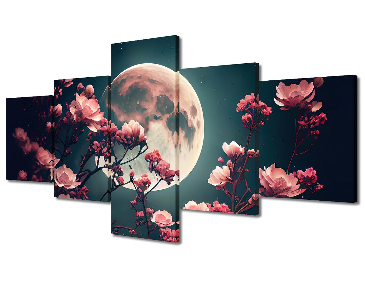 Canvas Wall Art Dreamy Moonlit Blossoms Pink Flowers Night Sky Painting Five Panel Framed Artwork Romantic Bedroom Decor Living Room Wall Decor Ready To Hang 50"Wx24"H (50''Wx24''H / Artwork-02)