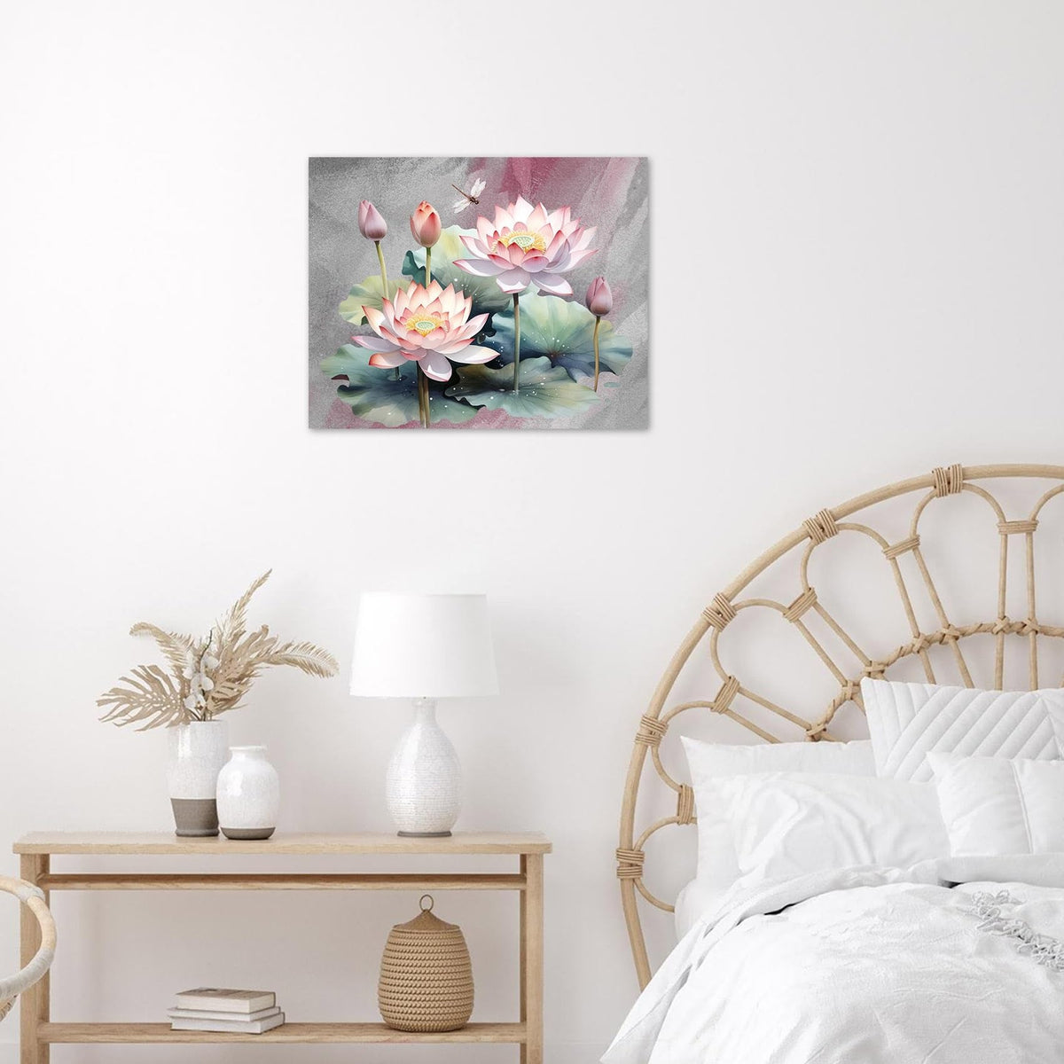 Zen Water Lily Canvas Wall Art for Bathroom Pink Floral and Green Leaf Plant Dragonfly Framed Wall Art Modern Spiritual Yoga Spa Pictures for Living Room Bedroom Home Wall Decor (Pink / 12"L x 12"W)