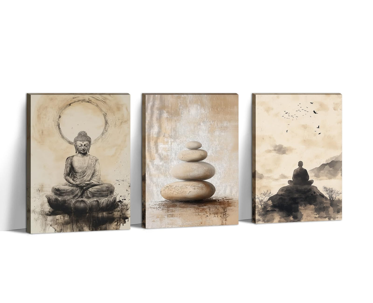 Zen Canvas Wall Art 3Pcs Buddha Picture Spa Stones Painting Vintage Prints Meditation Spiritual Artwork for Living Room Yoga Room Bathroom Home Decor Framed (Zen-7 / 16.00"x24.00"x3P)