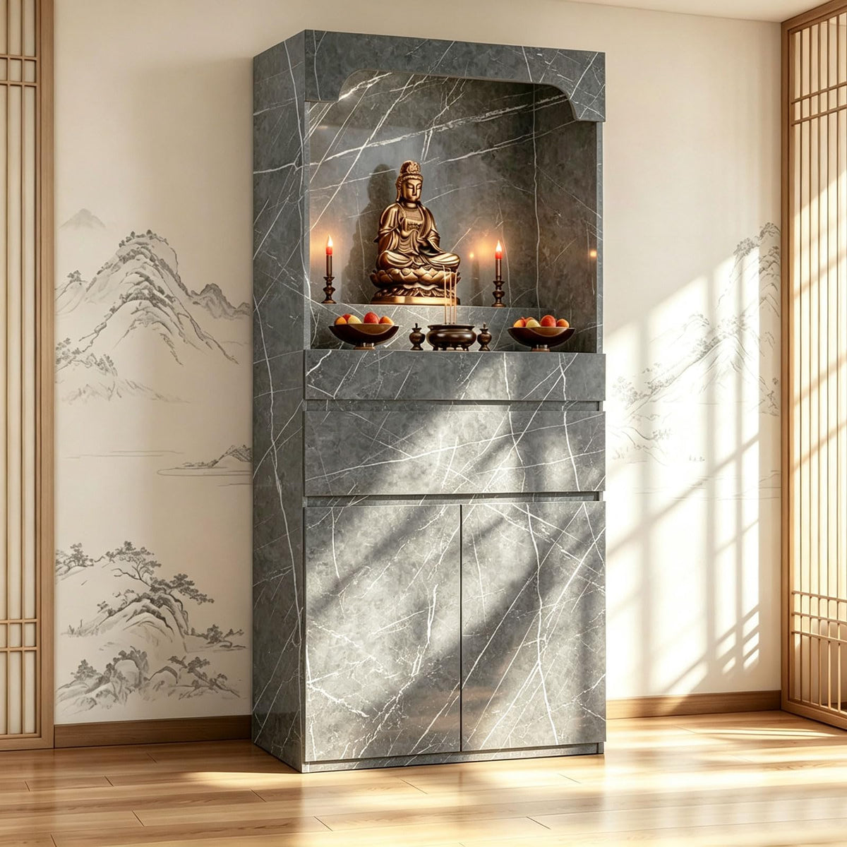 Altar Table Pooja Cabinet with Drawers and Storage Cabinets (27.6×15.7×65.4in / Dark Gray Grain)
