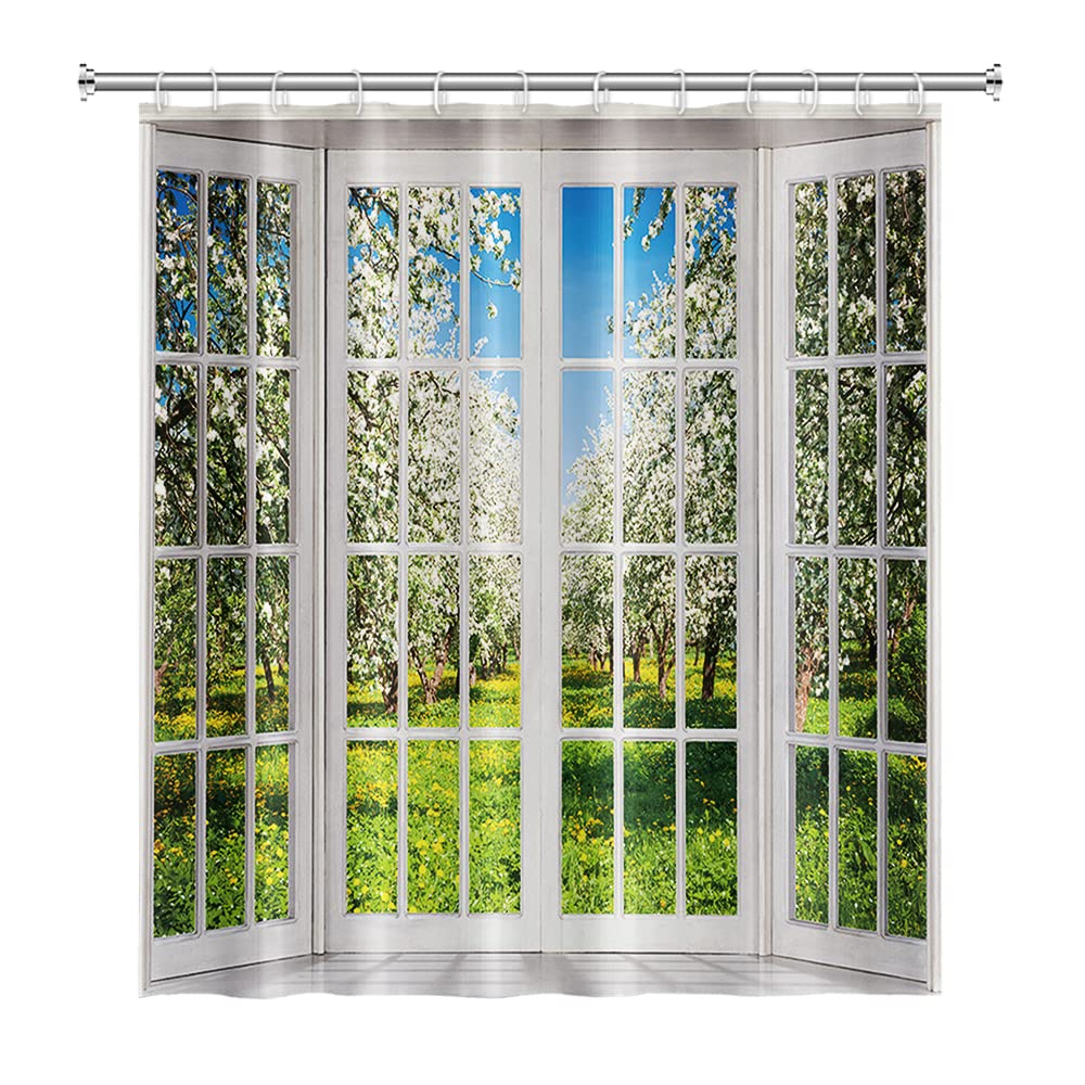 48x72inch Spring Natural Scenery Shower Curtain Sets with Hooks French Style Spring Scenery Outside Window Bath Curtain for Bathroom European White Curtain Pattern Bathtubs Stall Decor (48"W x 72"L (Pack of 1) / Green01)