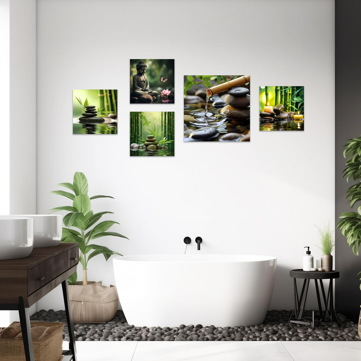 Green Zen Wall Art Stone Spa Pictures Bamboo Zen Bathroom Canvas Calming Meditation Print Relaxing Spiritual Yoga Room Office Decor Framed (D / 24"L x 24"W)