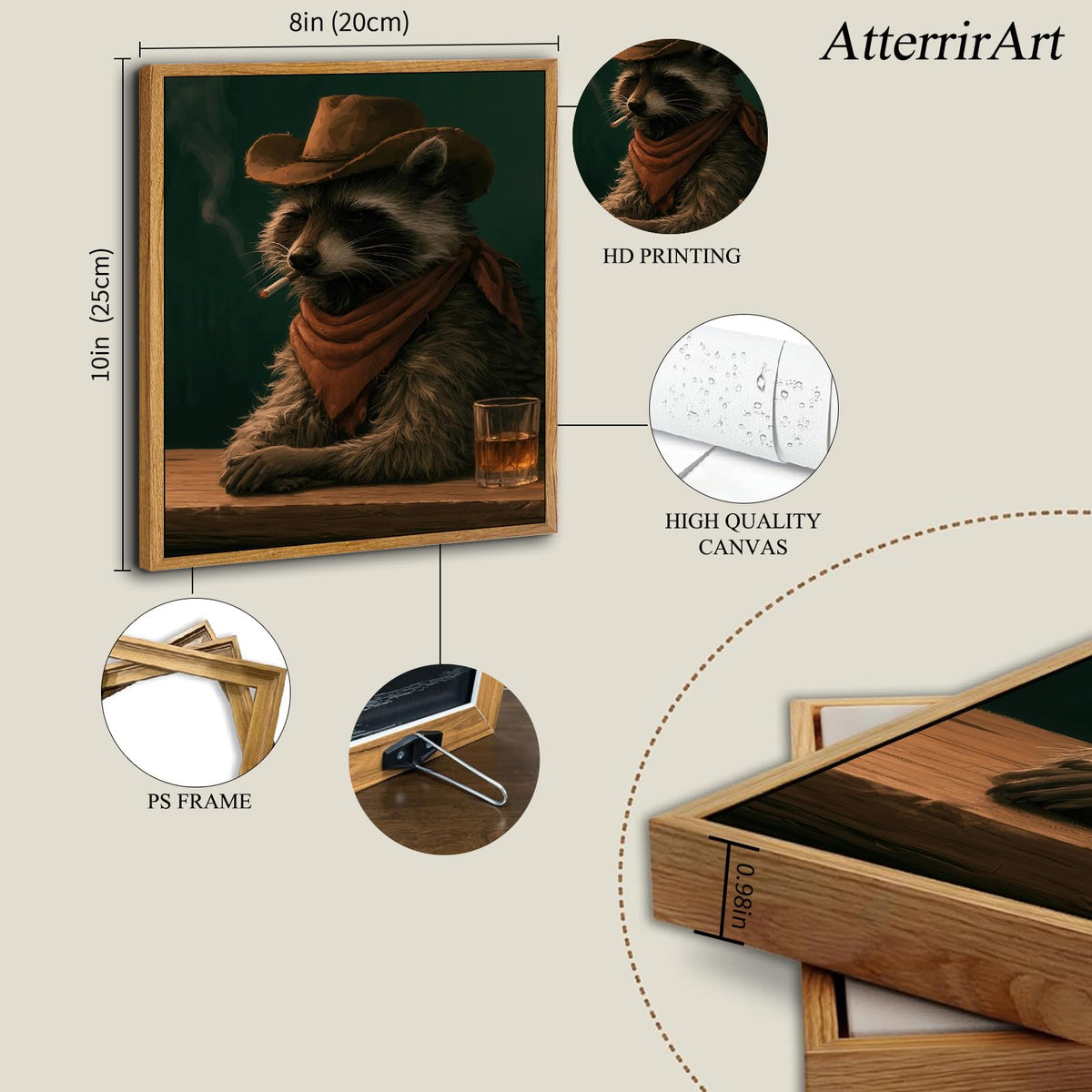 Framed Vintage Cowboy Raccoon Wall Art Funny Animal Wall Decor (Cowboy Raccoon / 8"L x 10"W)