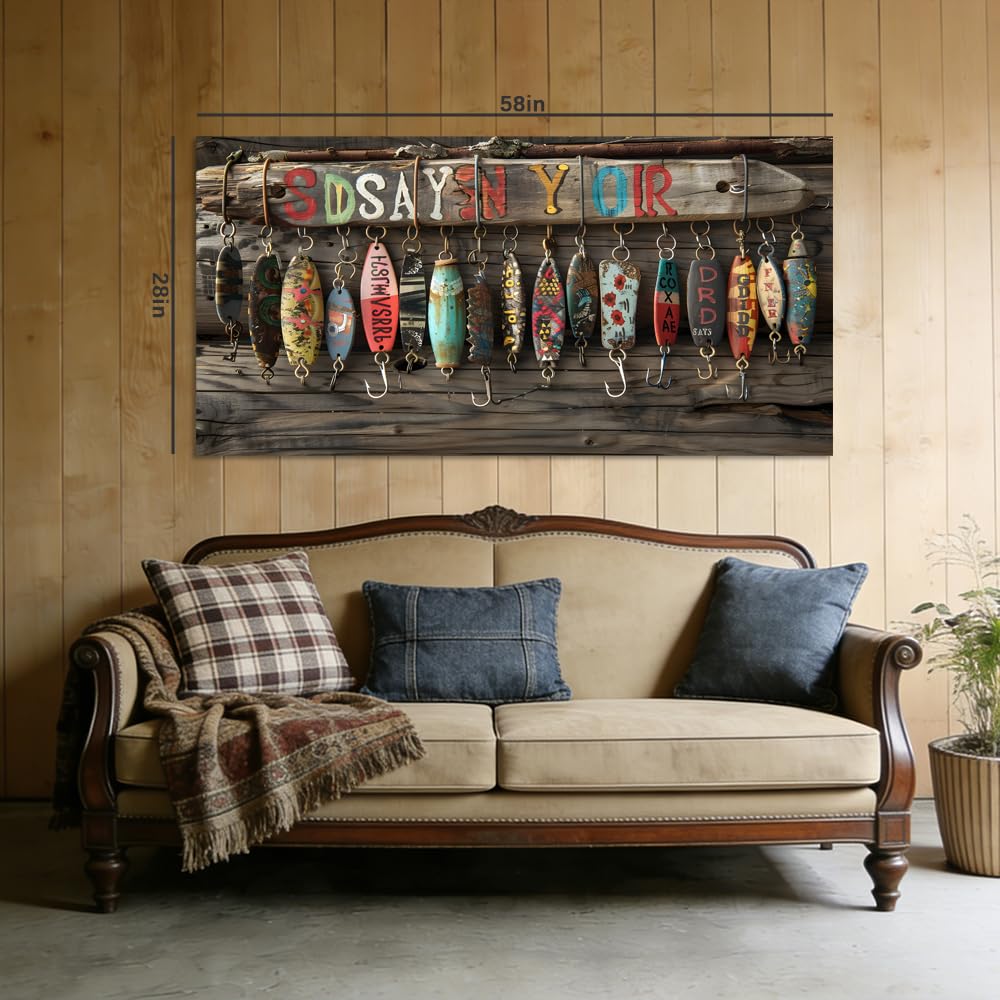 Rustic Fishing Lures Canvas Wall Art Vintage Wood Plank Painting Flat Print Gallery Wrapped Lake House Artwork for Living Room Bedroom Bathroom Decor (Retro / Red Decorative Fishing Lures 13 / 40"L x 20"W)
