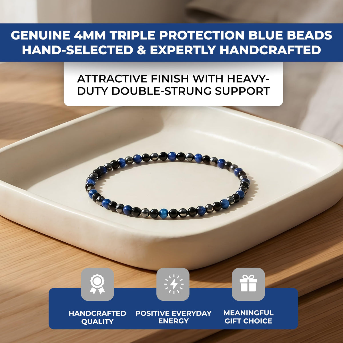 Triple Protection Blue 4mm Beaded Bracelet (Triple Protection Blue / Small)