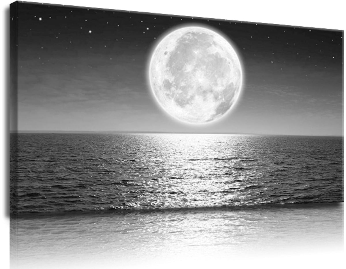 Large Living Room Decor Black and White Wall Art Full Moon Sea Beach Canvas Wall Art Coastal Paintings Ocean Posters Landscape Picture Print Office Artwork Home Bedroom Decoration Framed (2SeaMo05 / 60"L x 30"W)
