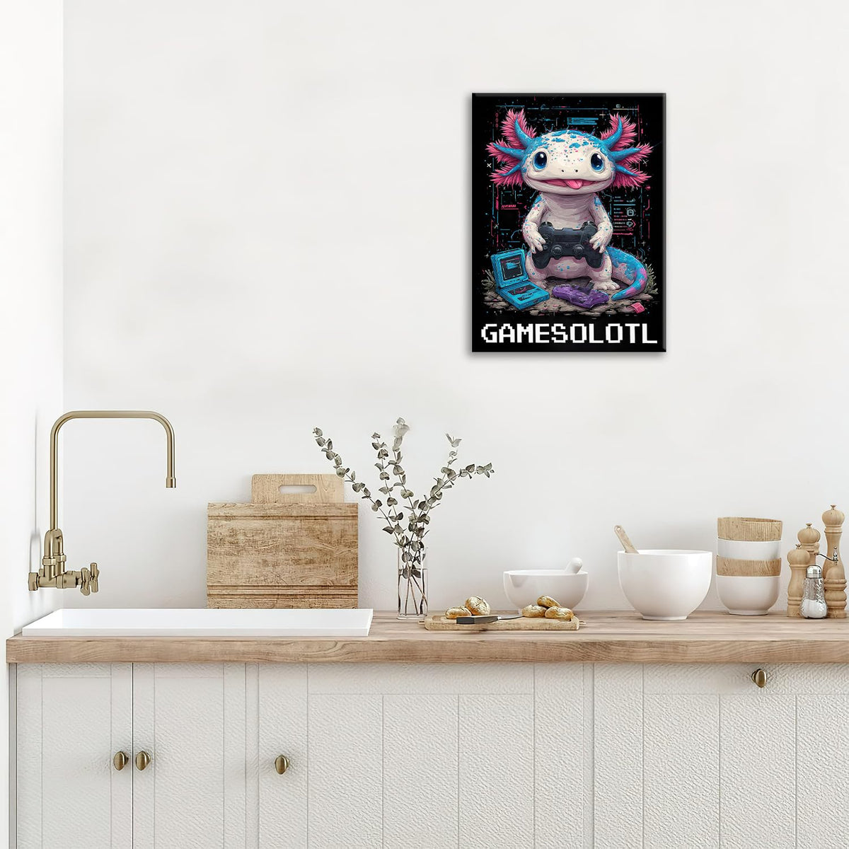 Axolotl Canvas Wall Art Game Animal Print Painting Framed ArtWork 20"x24" (Axolotl / 24"L x 20"W)
