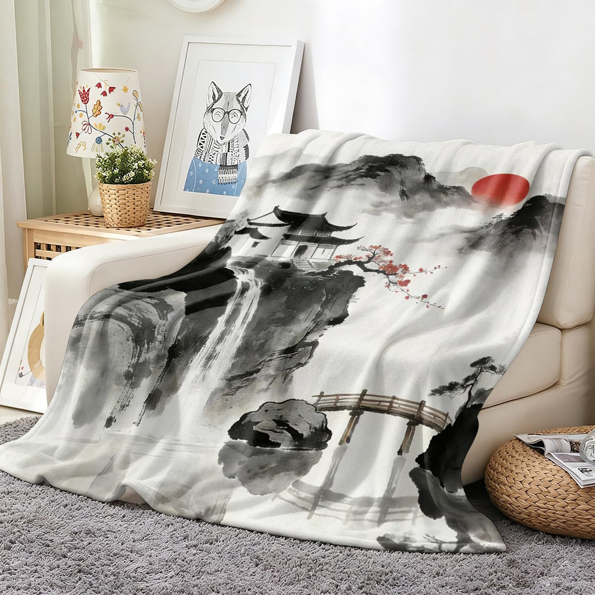 Japanese Nature Landscape Throw Blanket Zen Cozy Soft Plush Flannel 50"X60" (Japanese Nature / 50"X60")