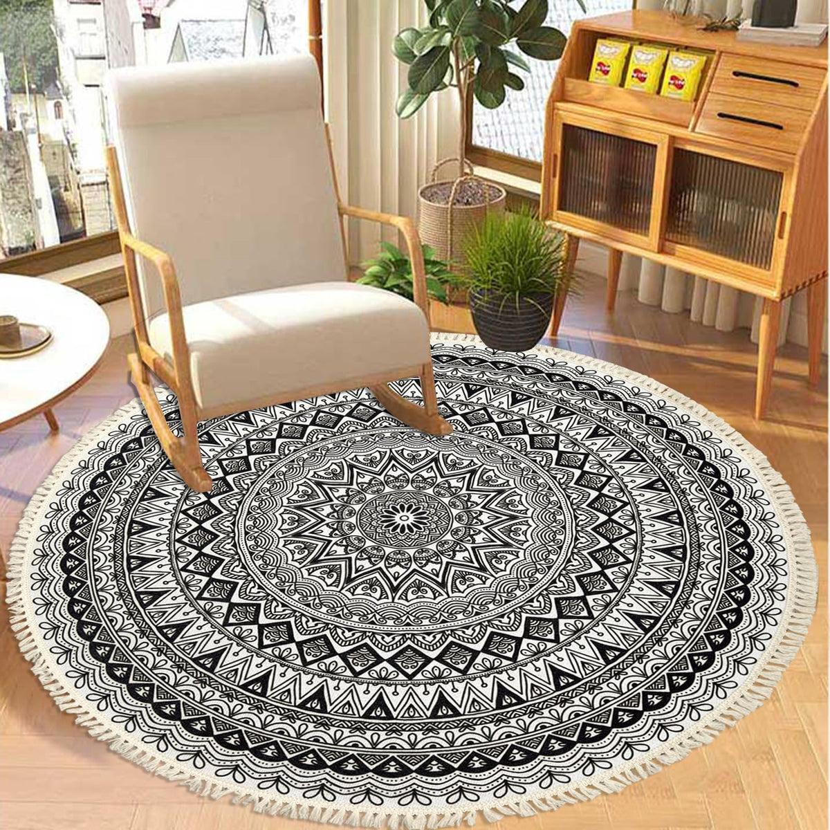 Boho Rug 4Ft Black Round Washable Carpet for Bedroom Farmhouse (Boho Flower 1 / 4' (Round))