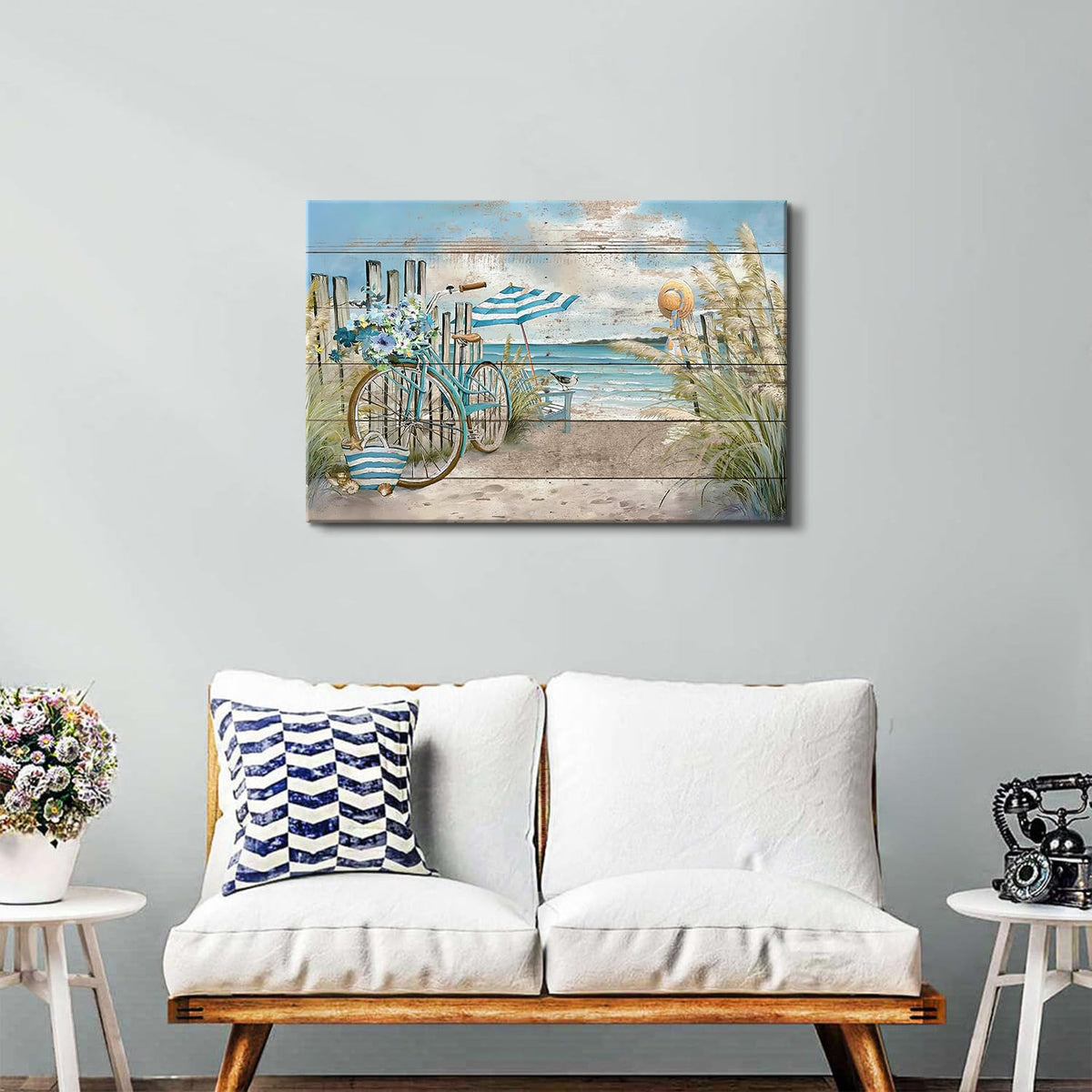 Beach Wall Art Seaside Bicycle Canvas Prints Pictures for Bathroom Decor Ocean Coastal Landscape Wall Decor Nautical Blue Seascape Painting Artwork for Kitchen Living Room Home Decoration 24x36" (36"L x 24"W / Seaside Bicycle)