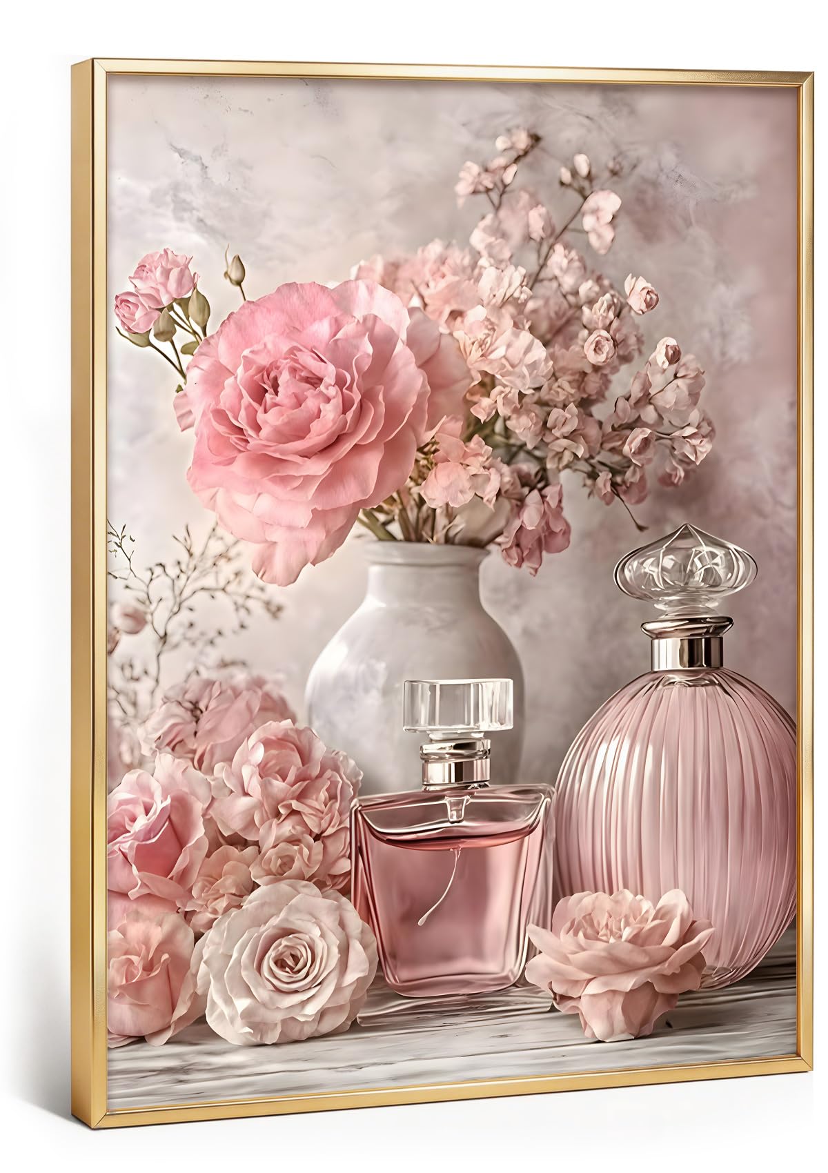 Gold Framed Pink Roses Flower Canvas Wall Art Perfume Bottle Picture (Pink Roses Flowers / 16"L x 12"W)