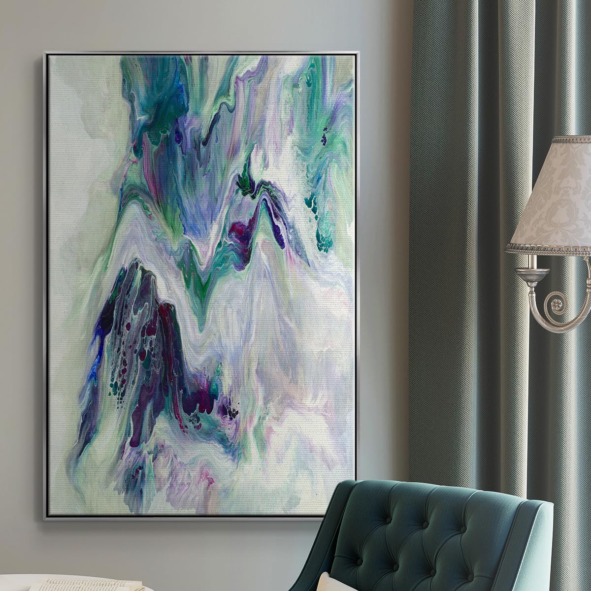 Abstract Wall Art Home Decor Paintings Wild Flowing River Water Canvas Silver Floater Frame Prints for Office Kitchen Living Room (25"L x 17"W / Wild River)