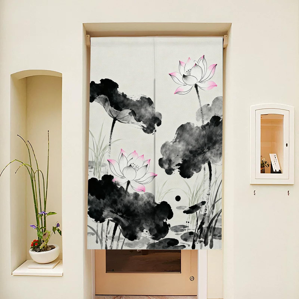 Japanese Noren Doorway Curtain Chinese Lotus Door Curtains 33.5x47.2inch (Grey / 33.5"W x 47.2"L (Pack of 1))