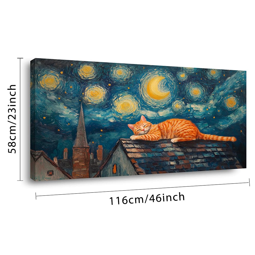 Navy Blue Starry Night Orange Cat Wall Art for Living Room Canvas Painting Prints Abstract Sleep Dream Sky Picture Vintage Artwork Office Bedroom Kids Room Decor Large (46L" x 23W" / Multi Colors Wall Art(k829))
