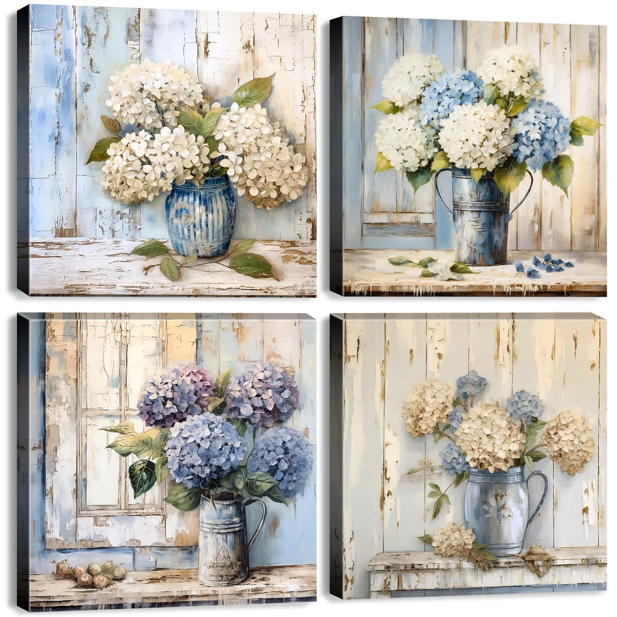 Blue Hydrangea Wall Art Vintage Farmhouse Flowers Pictures Bathroom Wall Decor Blossom Floral Painting Abstract Nature Botanical Posters Artwork for Living Room Kitchen Home Decoration 12x12” 4Pcs (12"L x 12"W / Vintage Flowers)