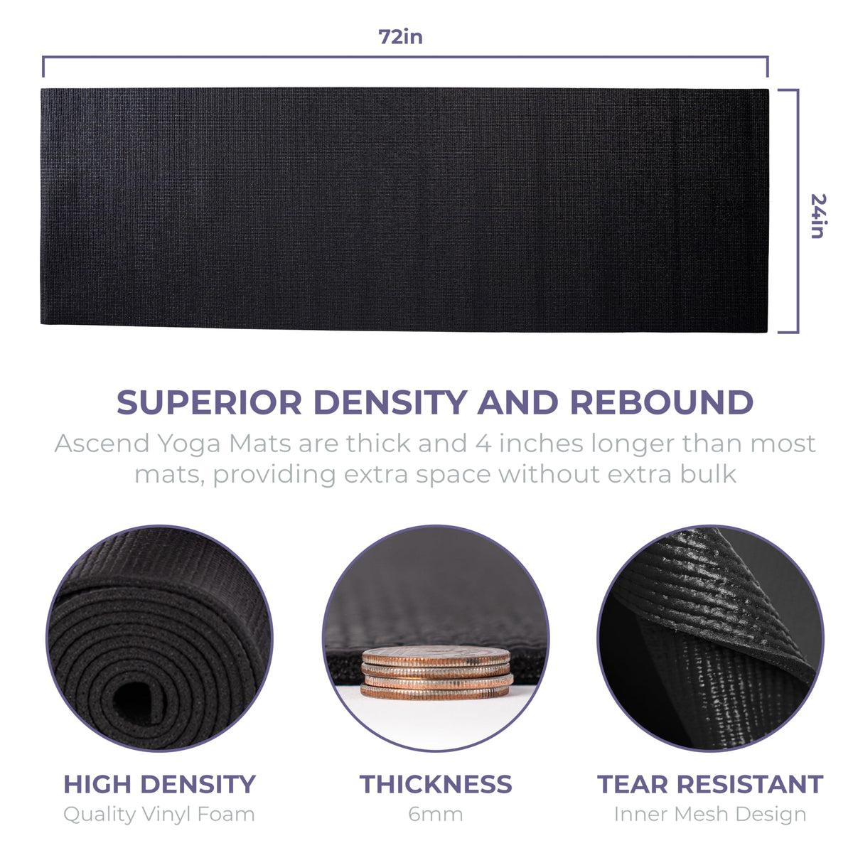 Ascend 6mm Thick Yoga Mat (Black - Solid)