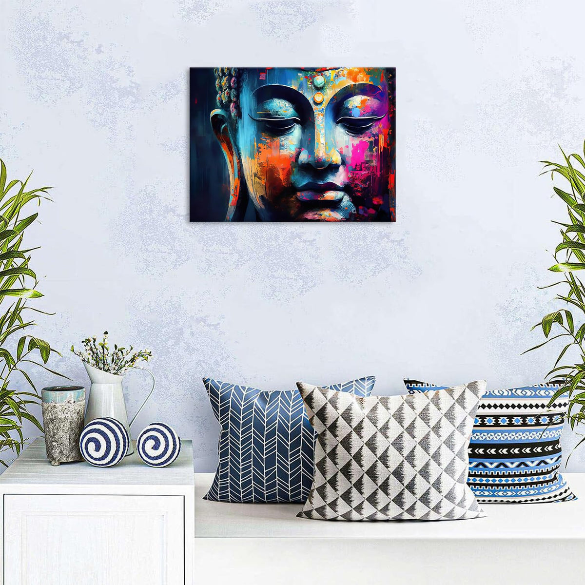 Abstract Buddha Wall Art for Living Room Colorful Buddha Mable Texture Canvas Picture Zen Wall Decor Pink Blue Thai Religious Artworks Spiritual Painting Prints Bedroom Office Home Decorations 12x16" (16"L x 12"W / Buddha)
