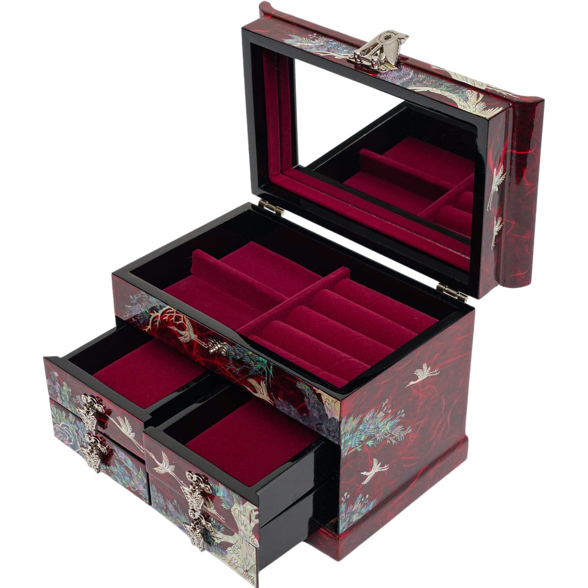 Mother of Pearl Jewelry Organizer Box (Crane_Red)