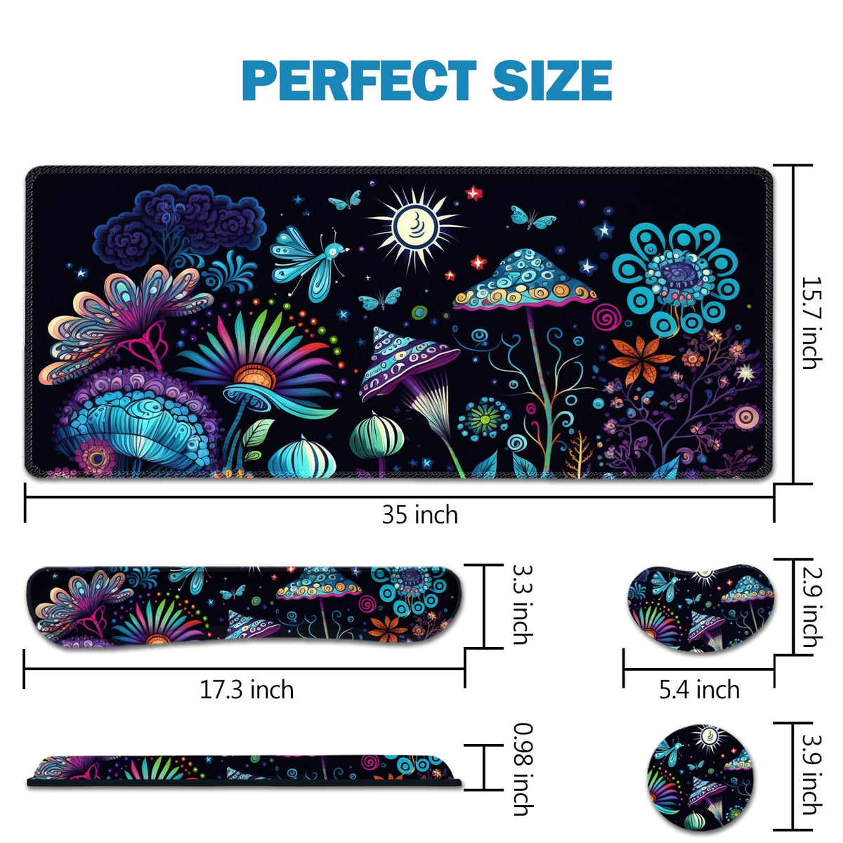 Large Gaming Mouse Pad Set (Colorful Abstract Mushrooms)