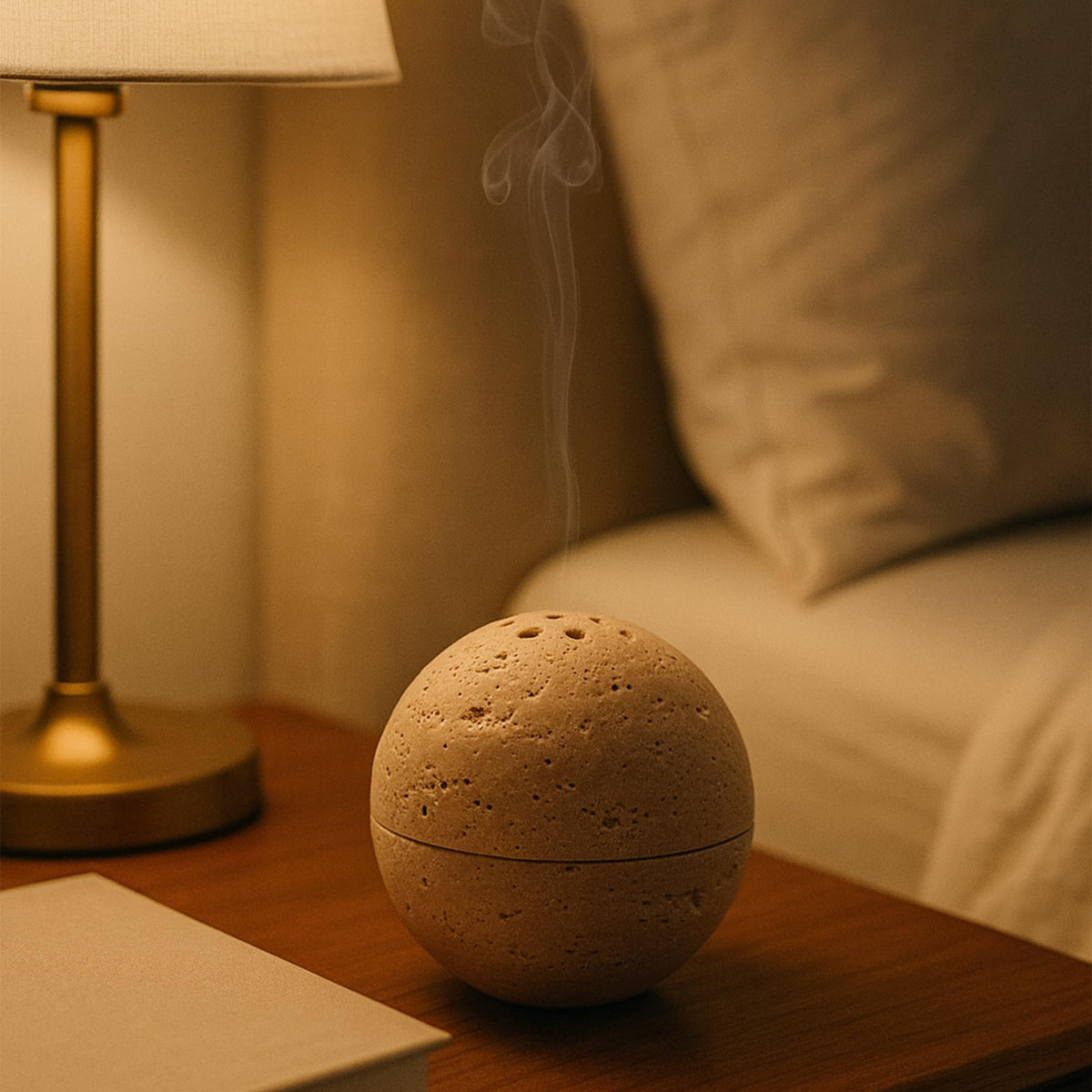 Natural Stone Sphere Incense Holder (Beige Travertine)