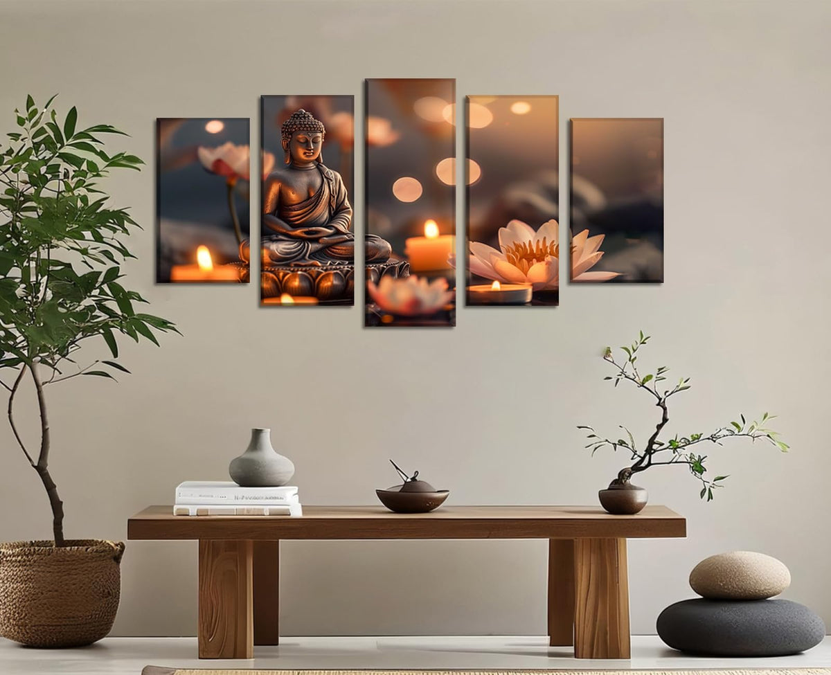 Buddha Wall Art for Living Room Large 5 Piece Zen Picture Candle & Lotus Canvas Prints Meditative Artwork for Spiritual Yoga Room Home Decor Framed Ready to Hang (60x32 inch / Picture-9)