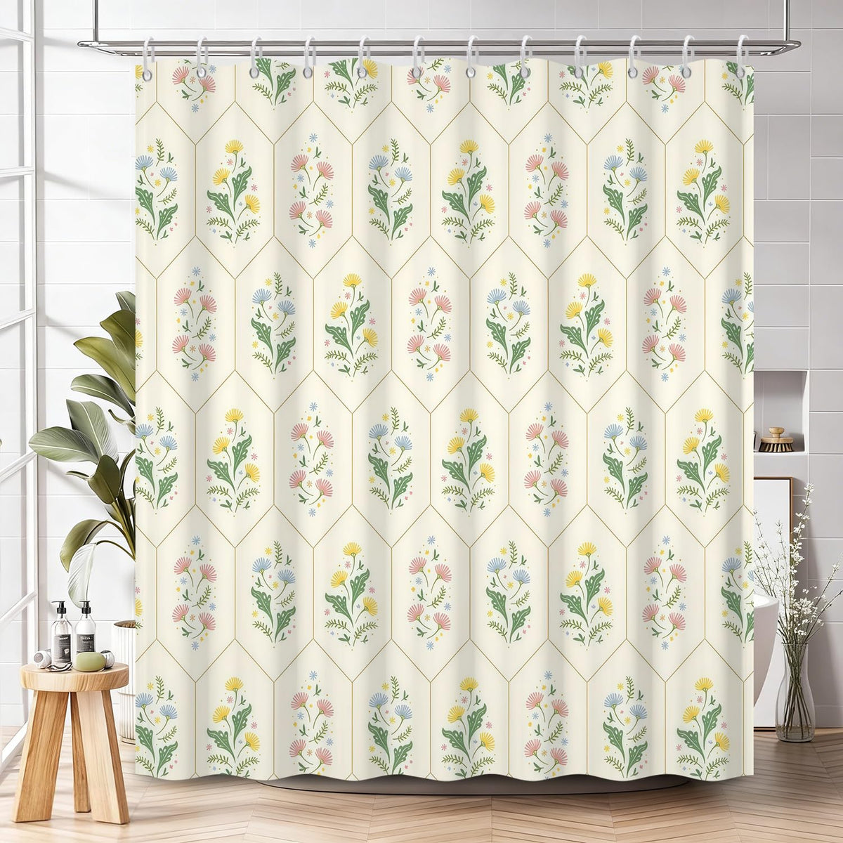 Floral Geometric Shower Curtain with Hooks (Colorful Floral / 72"W x 78"L (Pack of 1))