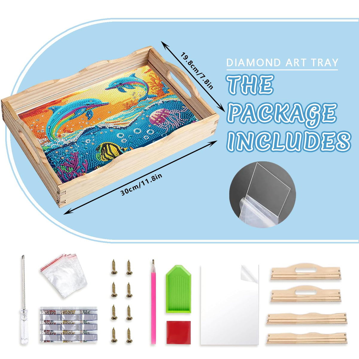 Dolphin Diamond Painting Wooden Serving Tray with Handle for Adults (Dolphin Small)