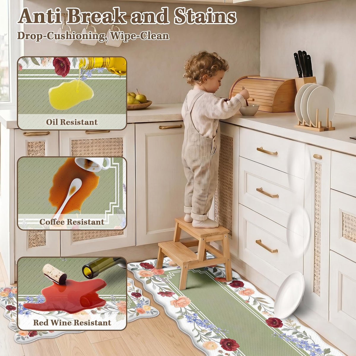 Anti Fatigue Kitchen Mats Set of 2 (Vintage Botanical / 17.3''x29.9''+17.3''x47'')