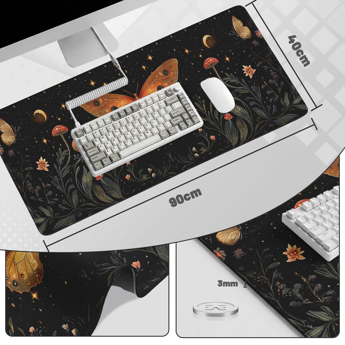 Celestial Moth Large Gaming Mouse Pad Vintage Mushroom Floral Moon Desk Mat (Celestial Moth / 35.4L x 15.7W inches)
