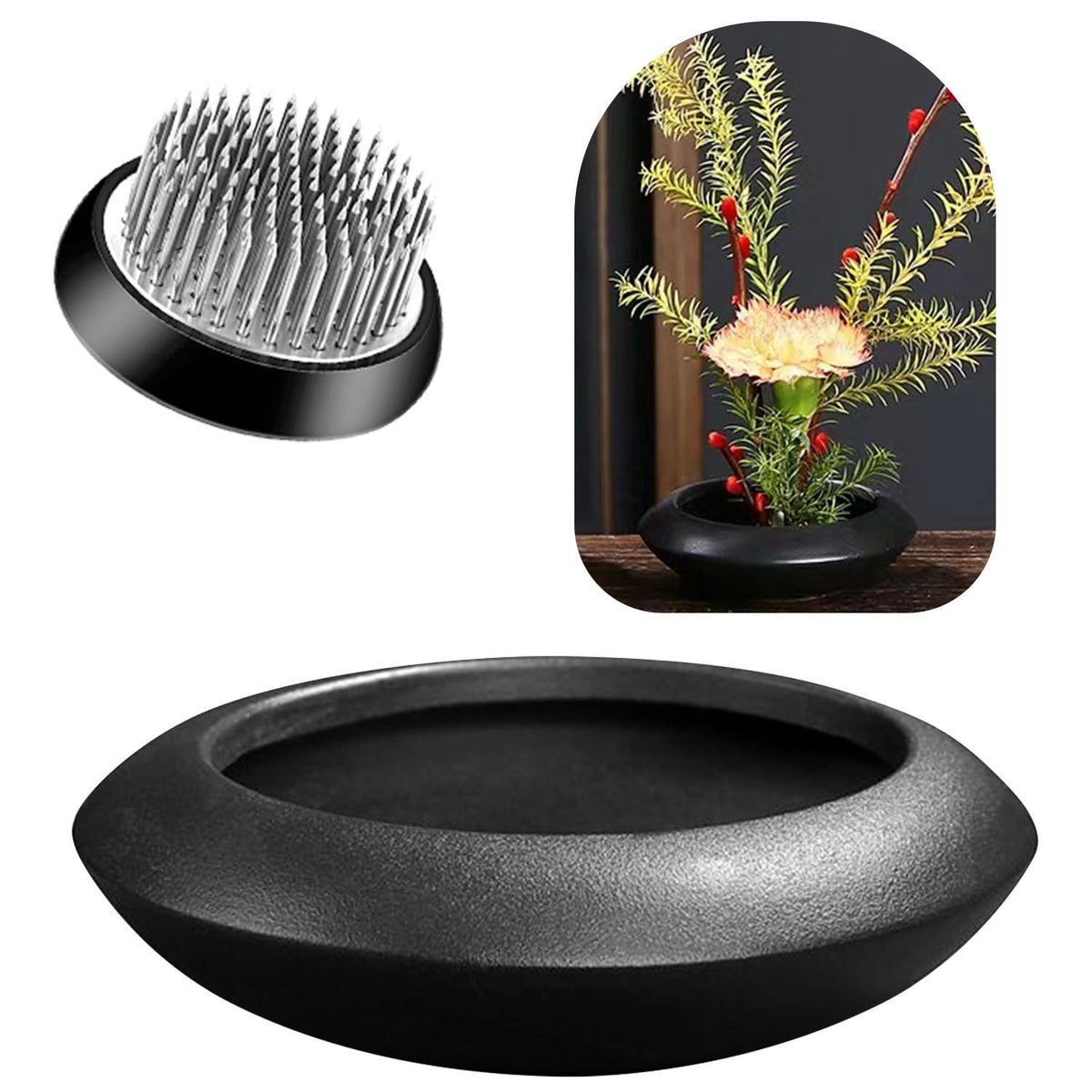 Ikebana Vase Kit Ceramic Flower Frog Vase with Stainless Kenzan Japanese Ikebana Flower Arrangement Pot for Floral Displays Moss & Hydroponic Plants Zen Decor Gift (Black Small Size)