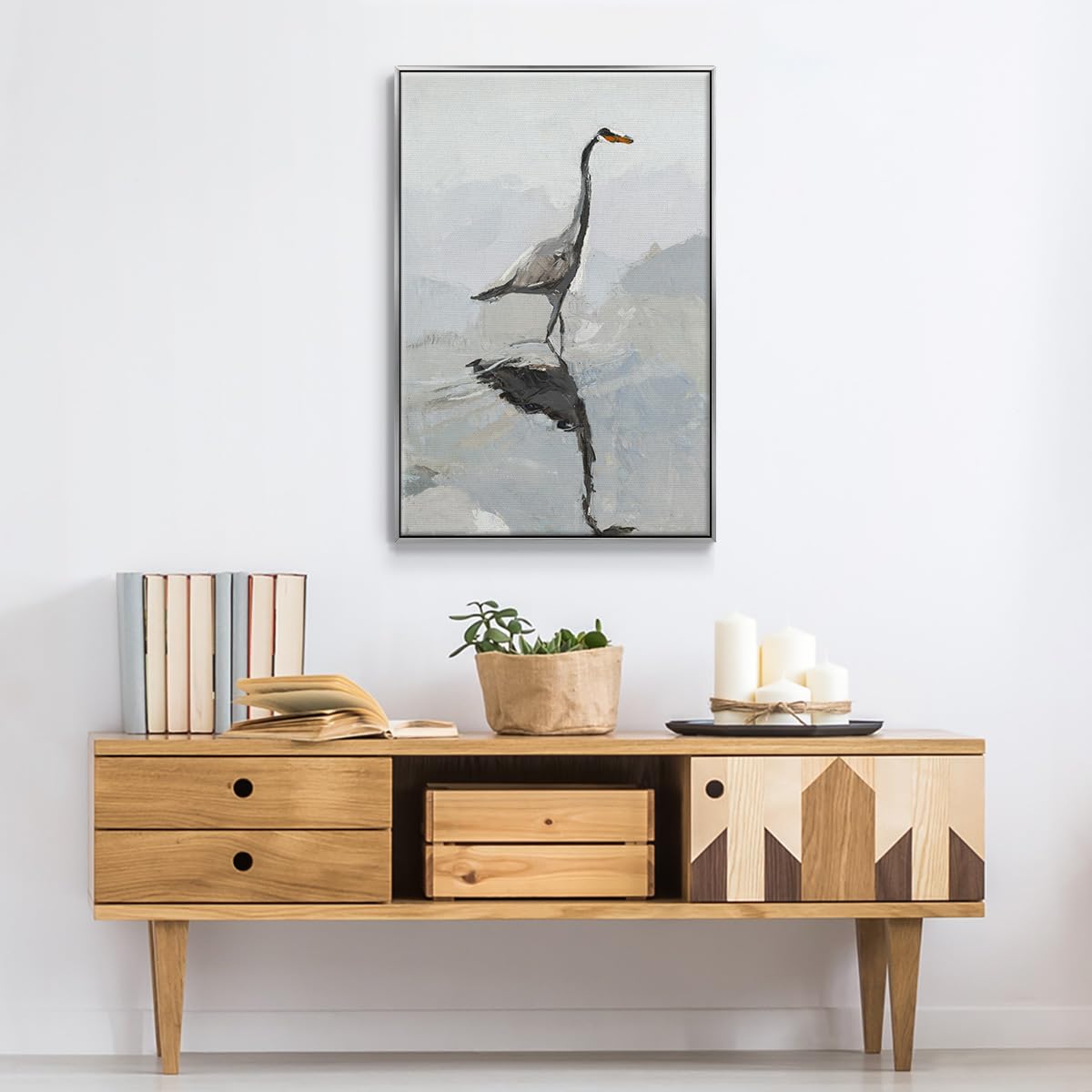 Abstract Nature Art Silver Floater Frame Home Prints Heron Bird in Water Canvas Wall Paintings for Bedroom Classroom Office (25"L x 17"W / Heron)