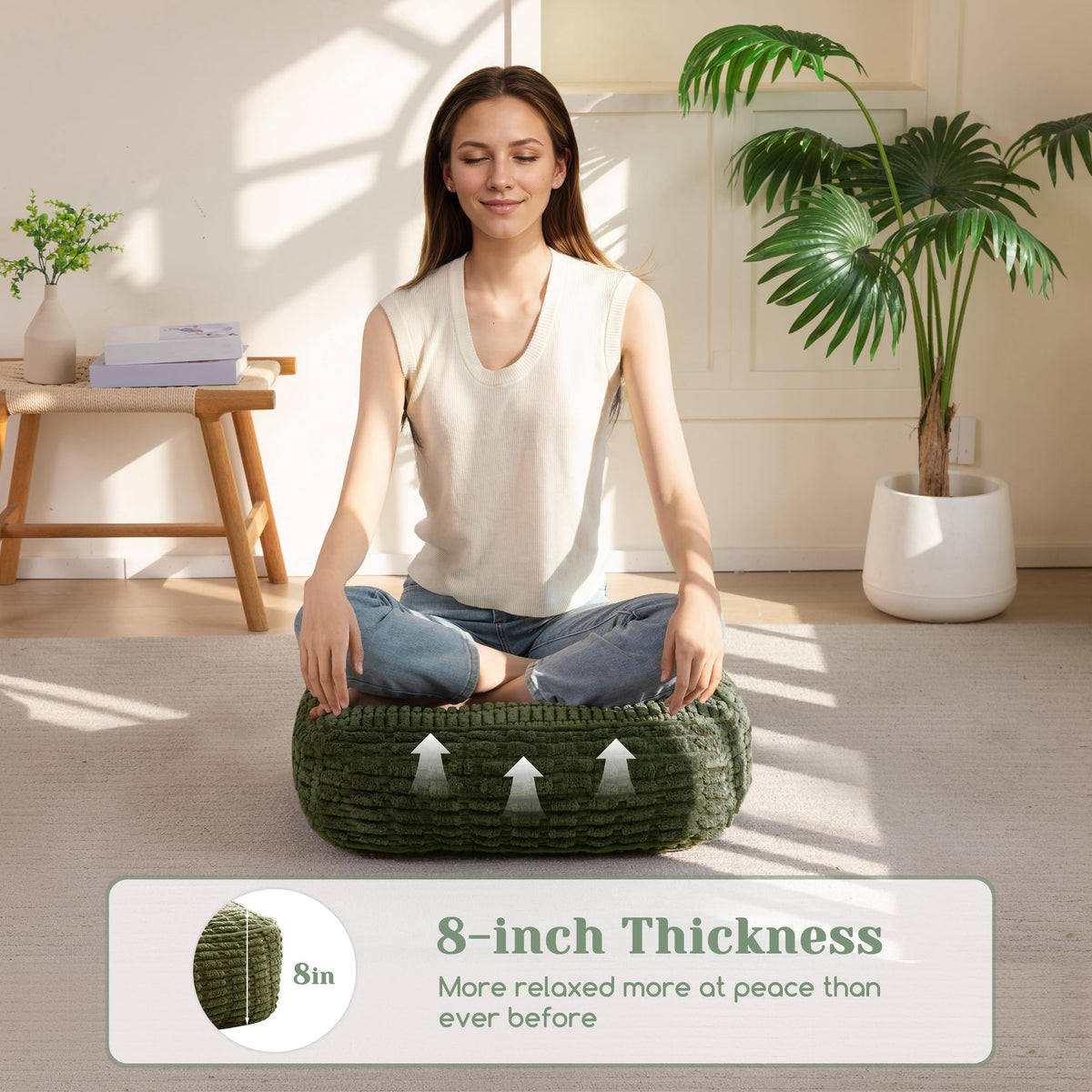8" Floor Pillow Cushion for Adults (Square Dark Green / 8" Thick(Pack of 2))