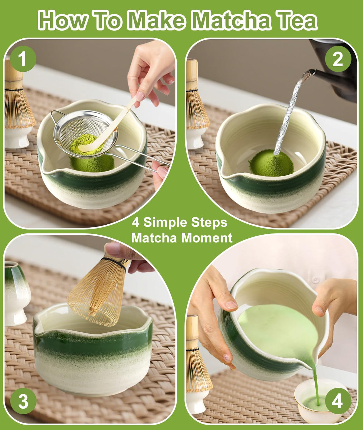 Matcha Set 7PCS Ceramic Matcha Whisk Set for Matcha Tea Ceremony (Gradient Green)