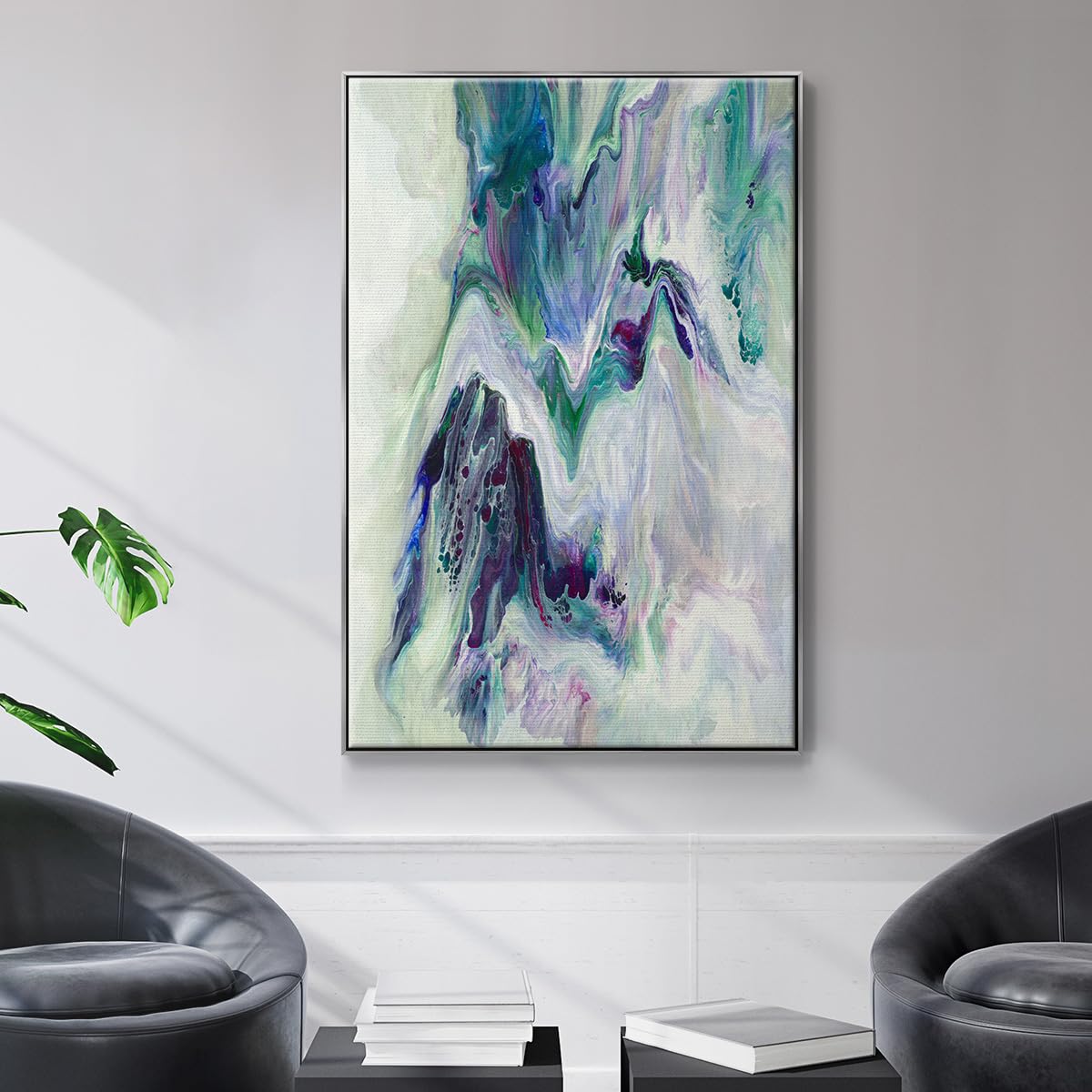 Abstract Wall Art Home Decor Paintings Wild Flowing River Water Canvas Silver Floater Frame Prints for Office Kitchen Living Room (41"L x 27"W / Wild River)