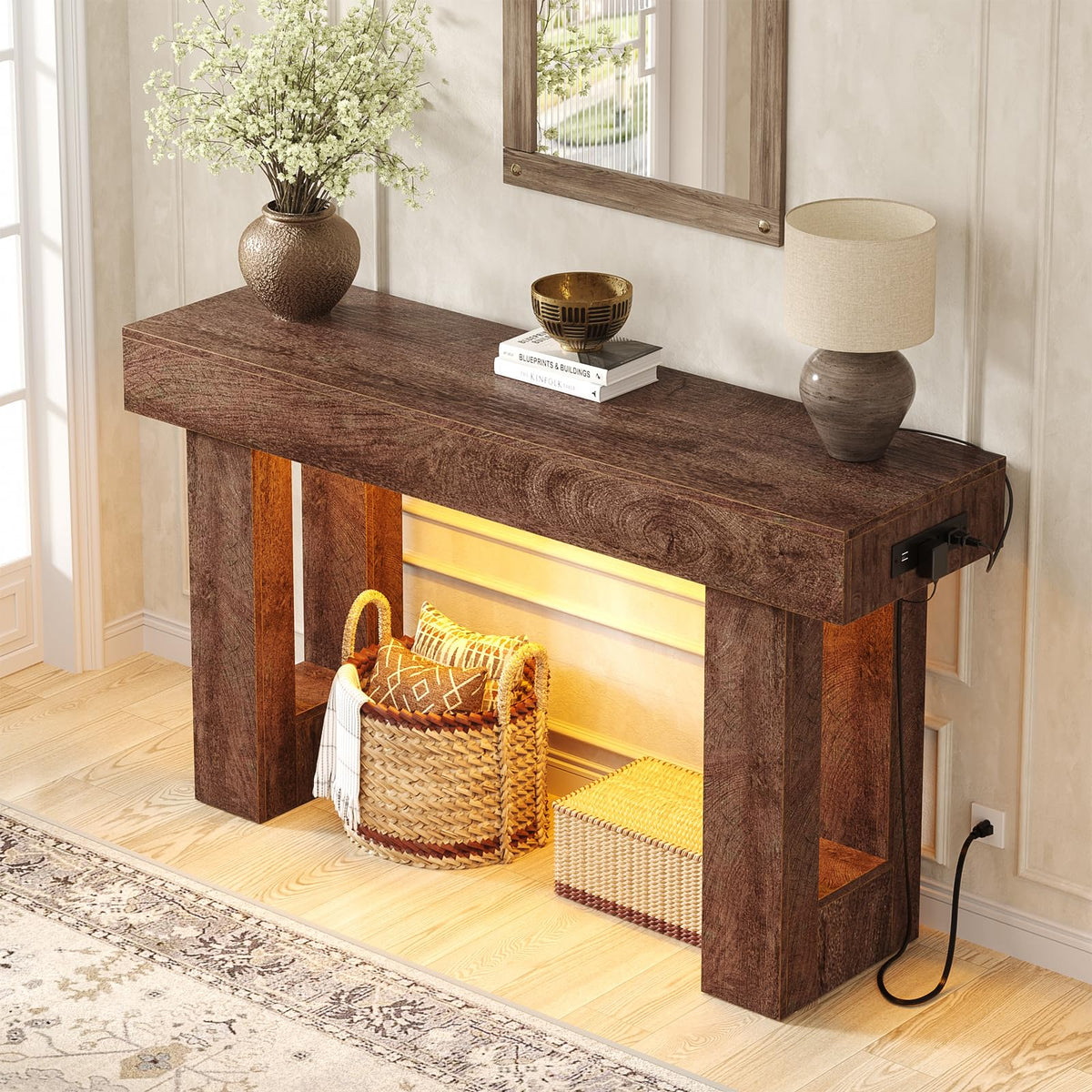47" Entryway Table with Sensor Light & AC Outlets with USB (Rustic Oak / 47IN)