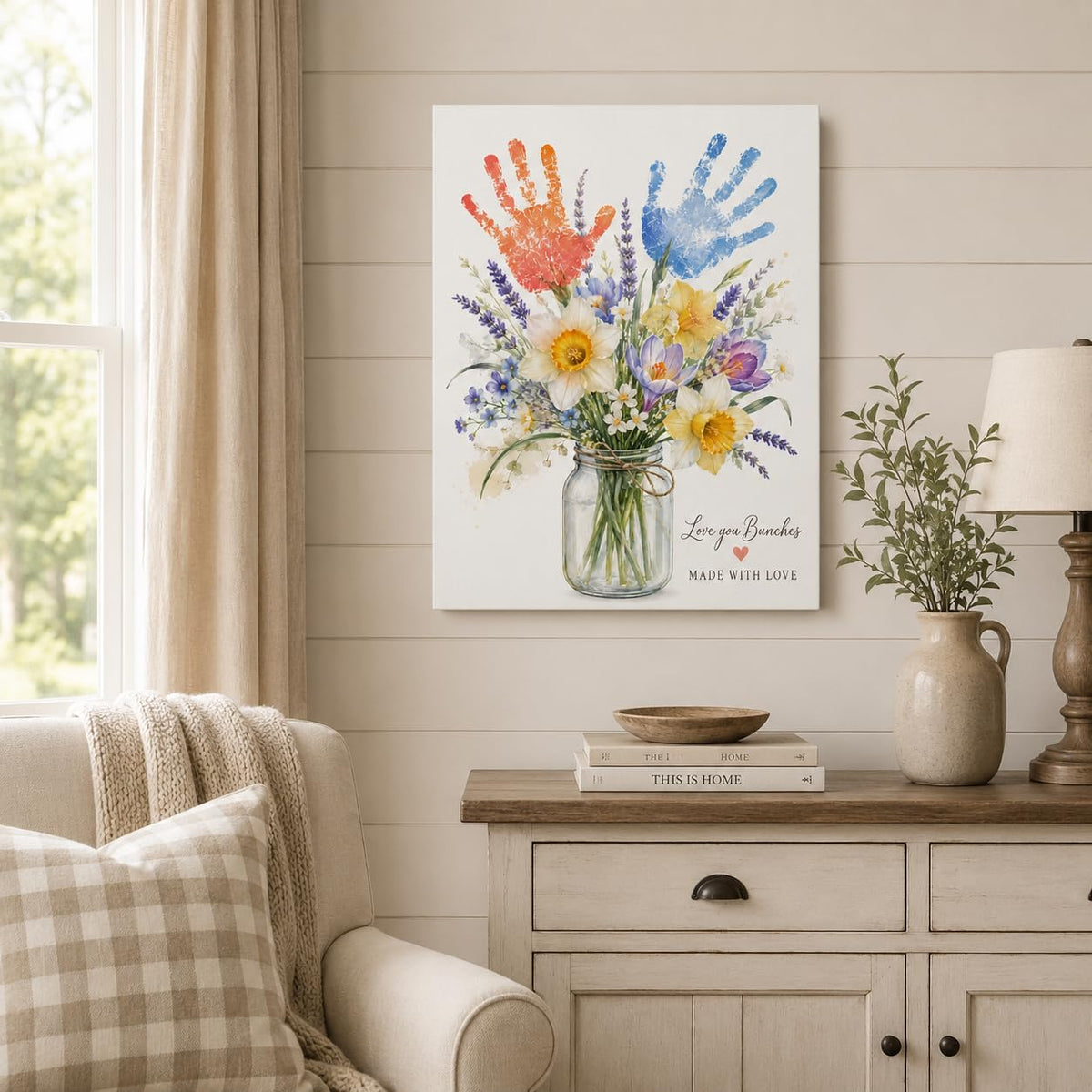 Handprint Floral Canvas Wall Art Framed Home Gift Home Decor 16x24 Inch (Floral Handprint / 24"L x 16"W)