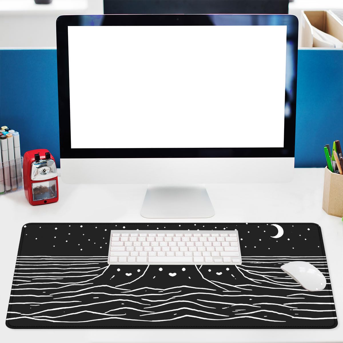 Black White Cat Gaming Mouse Pad Minimal Mountain Ocean Night Large Gaming Mouse Mat with Stitched Edges (31.5L x 11.8W inches / Black White Cat)