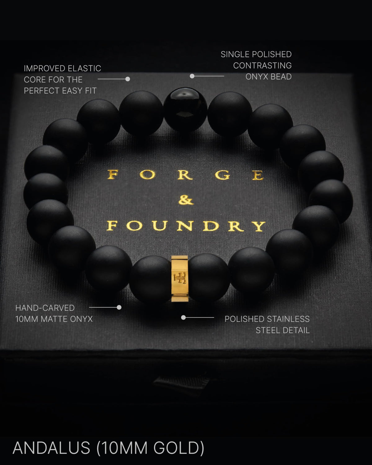 Andalus Men's Matte Black Solid Onyx Beaded Bracelet (10mm Gold / Large)