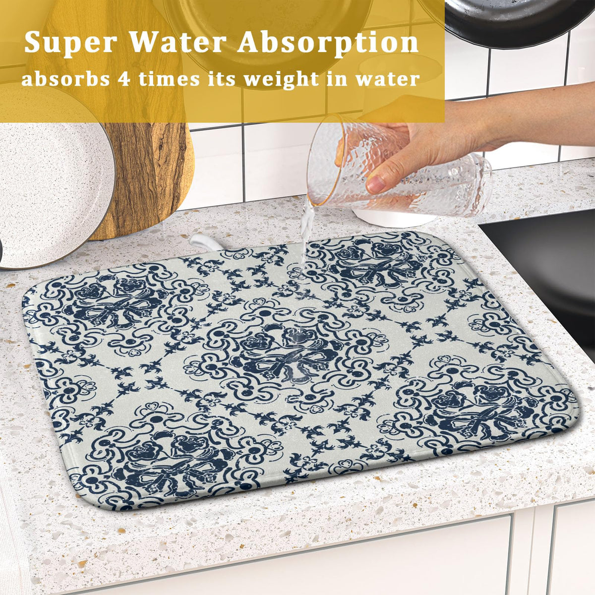 Bohemian Grey Retro Dish Drying Mat for Kitchen Counter (Grey Retro Flower230807 / 16" x 18")