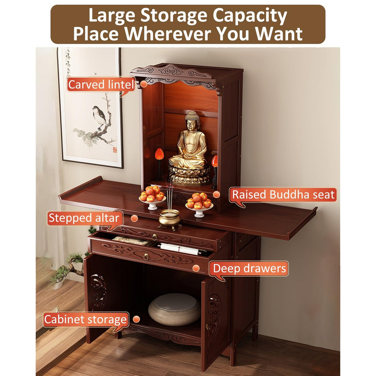 Personal Shrine Altar Table Buddhist Pooja Cabinet Altar Table Multifunctional Chinese Buddha Niche Chinese Cabinet with Drawers and Storage for Family Worship Use (47.24x15.75x74.8in)