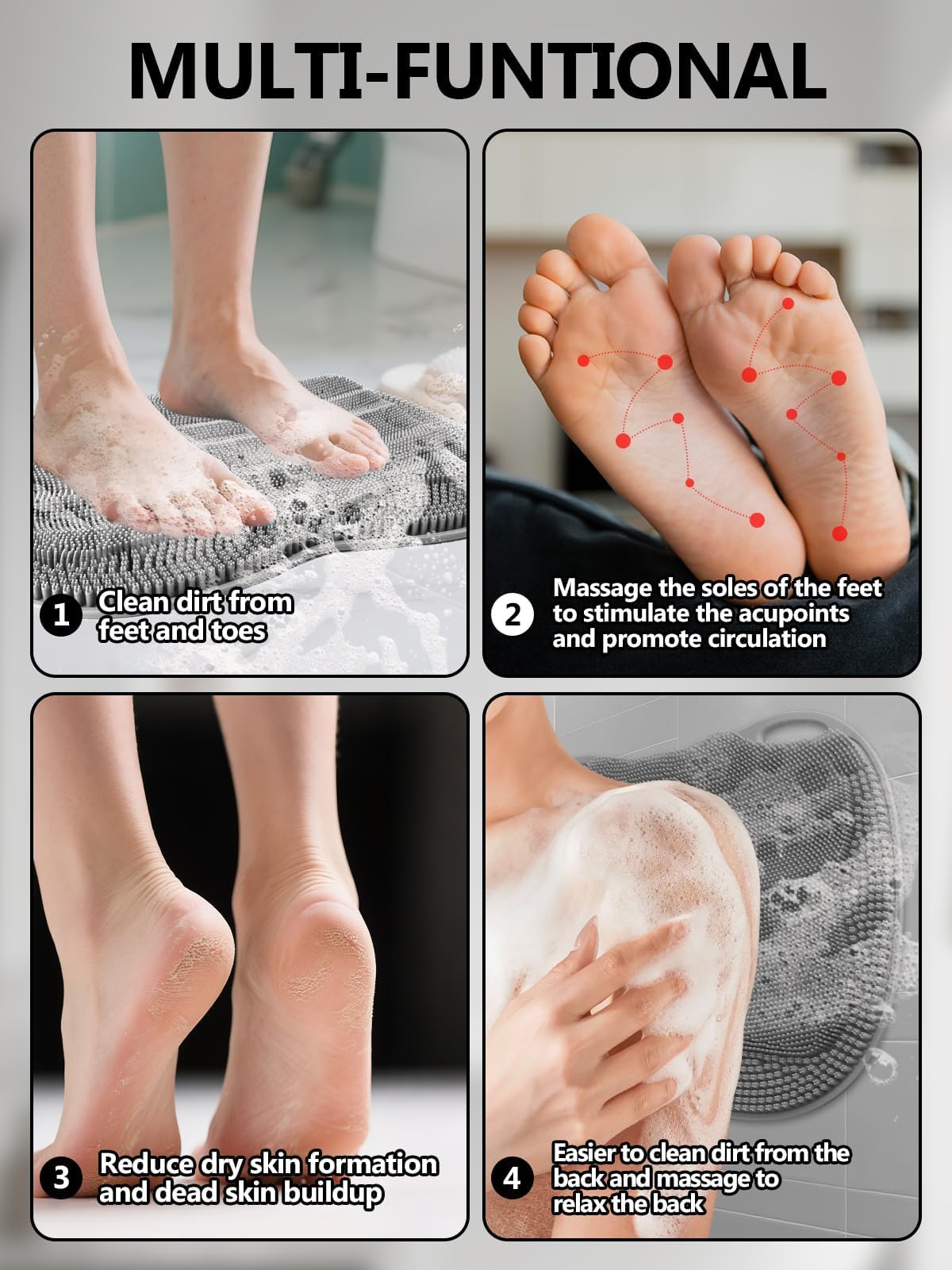 Silicone Shower Foot Scrubber Mat with Non Slip Suction Cups (Grey)
