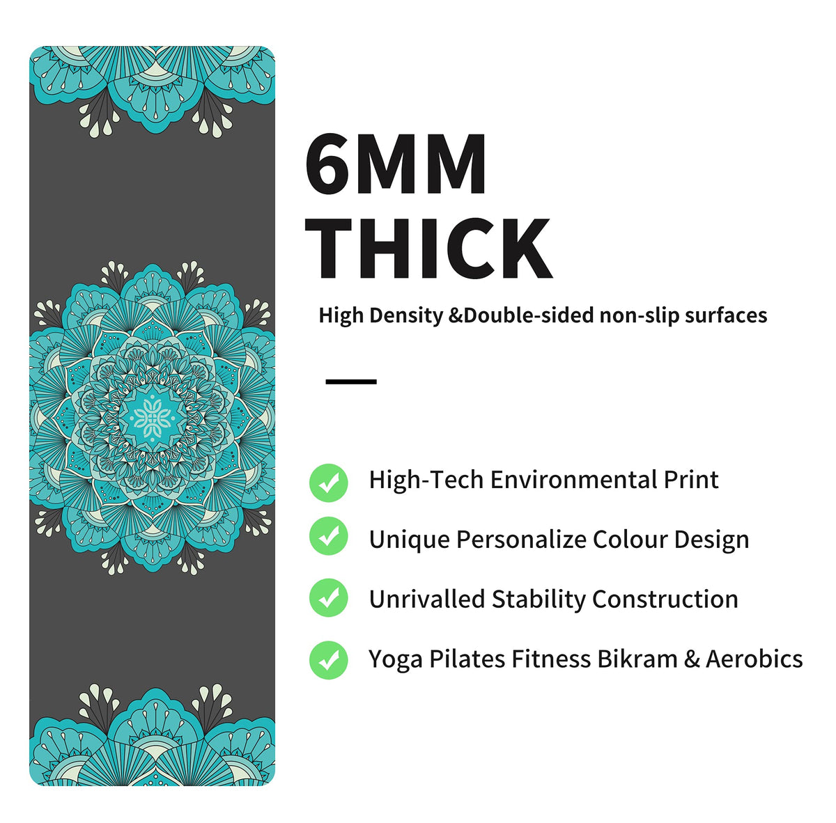 Yoga Mat Print Extra Thick TPE Non Slip Fitness Exercise Mat with Carrying Bag (MX)
