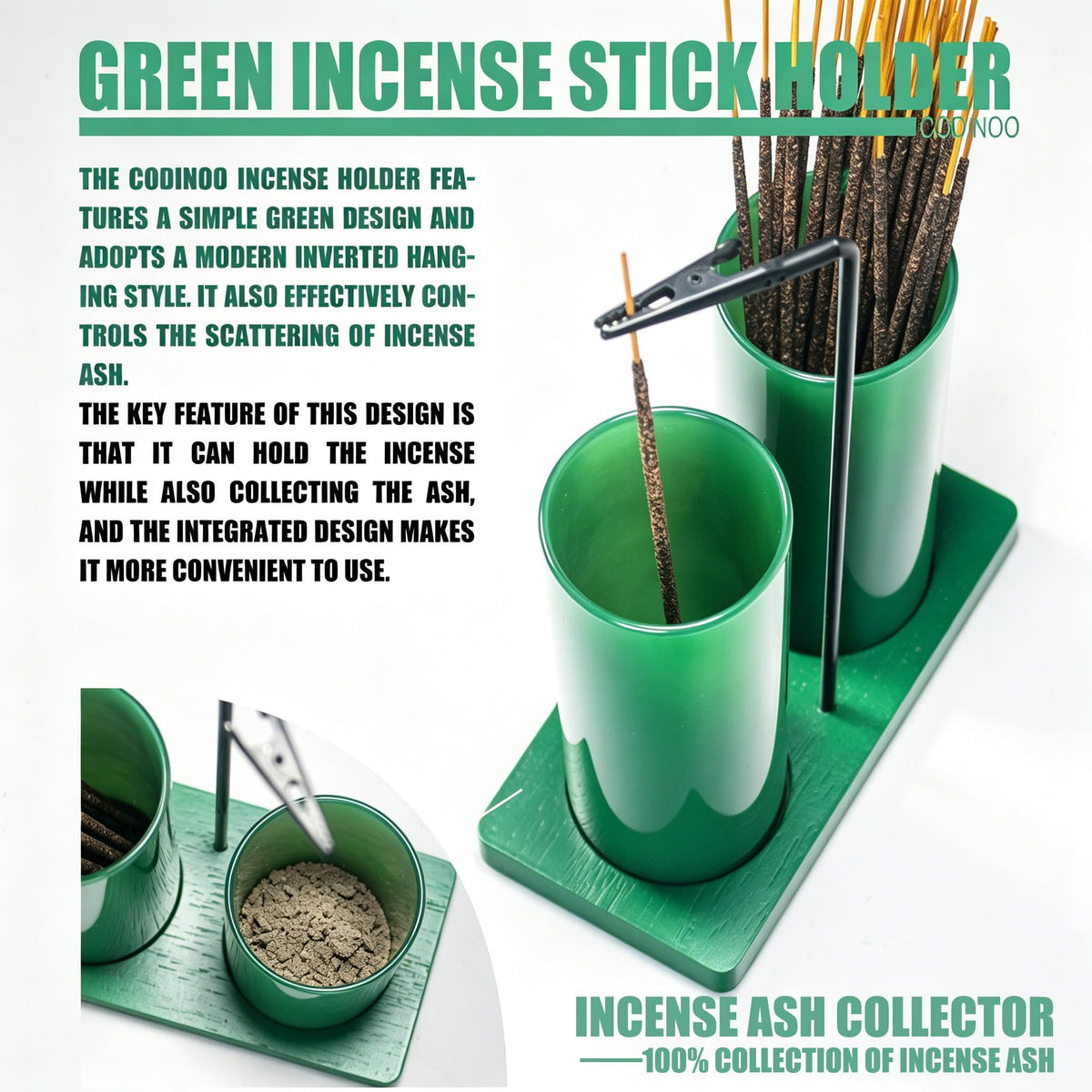 2 in 1 Incense Holder for Sticks (All Green / 2 tall glass)