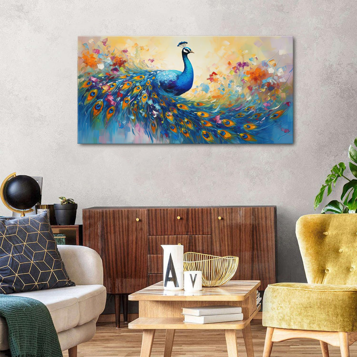 Abstract Peacock Wall Art Colorful Peacock Pictures Wall Decor Abstract Bird Canvas Poster Watercolor Animal Prints Painting Vintage Framed Artwork for Living Room Bedroom Home Decorations 24x48 (48"L x 24"W / Peacock)