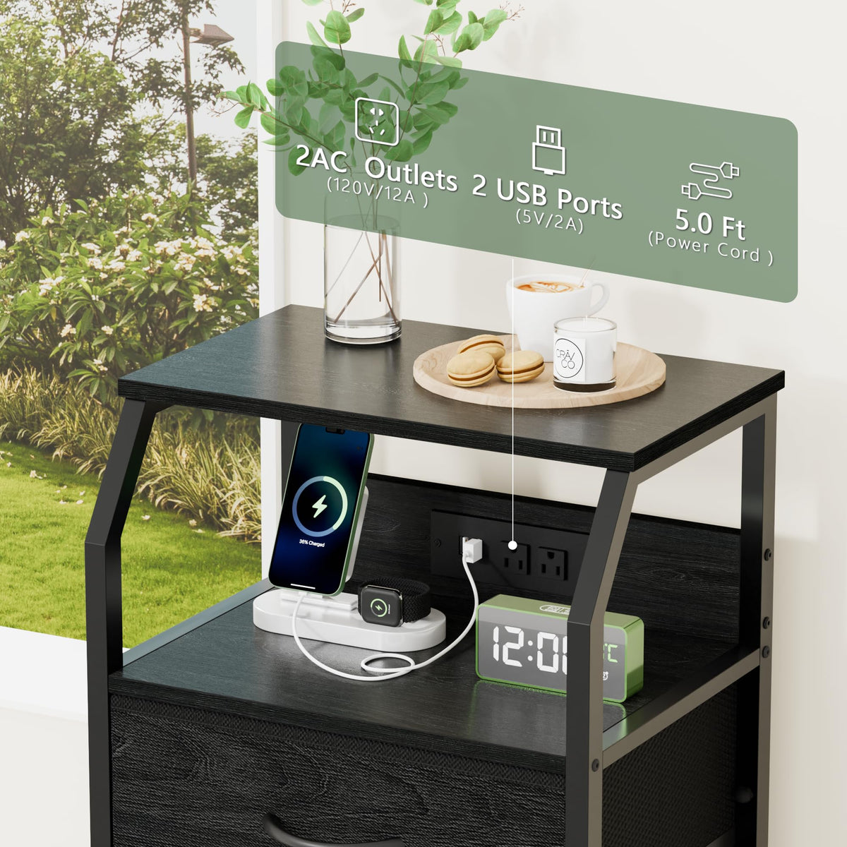 Night Stand with Charging Station (3 Drawer / Black Oak)