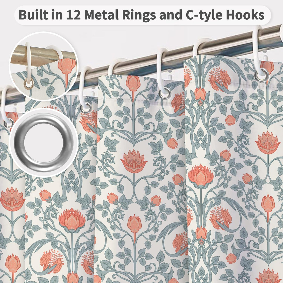 Art Nouveau Floral Print Waterproof Fabric Shower Curtain with Rings (Classic Flora)
