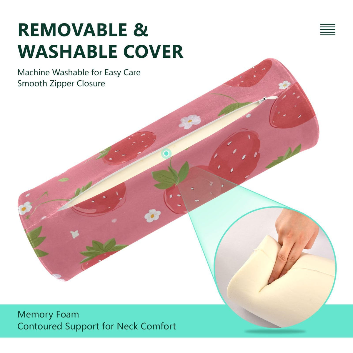 Neck Roll Pillow Bolster Pillows Round Health Memory Foam Long Cervical Cylinder Body Removable Washable Cover Bed Legs Back Yoga Pink Strawberry (Strawberry 1)