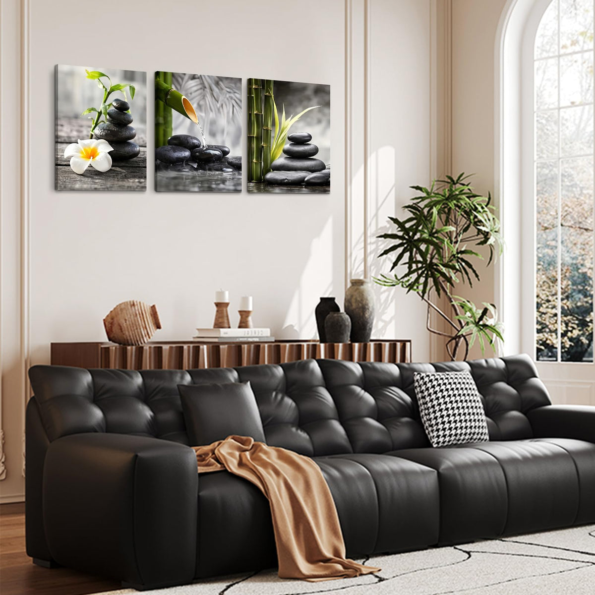 3 Piece Wall Art 16 x 20 Inches Framed Canvas Set Zen Spa Stone Bamboo Wall Decor for Living Room Bedroom Bathroom Office Hallway Modern Farmhouse Wall Art Pictures Ready to Hang with Velcro and Pre Installed Hooks (Bamboo 81)