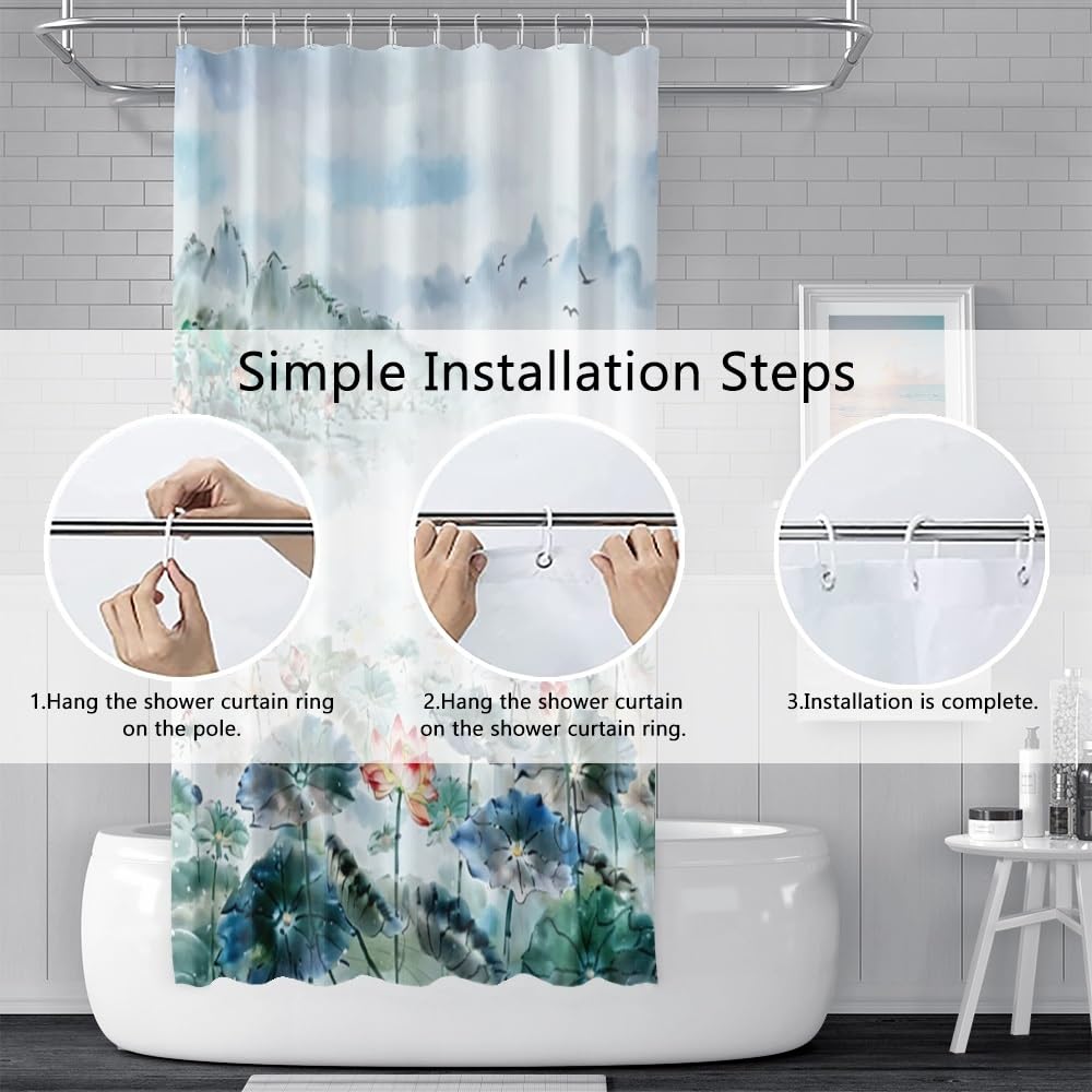 Watercolor Lotus Shower Curtain Flower Plant Mountain River Wild Goose Bathroom Curtains Chinese Pastoral Landscape Ink Painting Lotus Green Decorative Fabric Shower Curtain Set with Hooks 72x84 Inch (72"W x 84"L (Pack of 1) / Green-12)