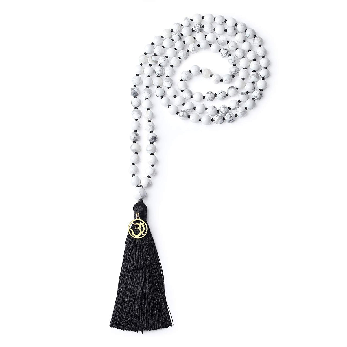 OM Charm Hand Knotted Tassel 108 Mala Beads Howlite Stone Beaded Necklace 8mm (8mm / Howlite)